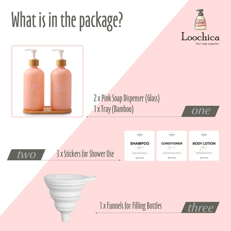 Loochica 2 Pack Blush Pink Glass Soap Dispenser Set with Tray, Hand and Dish Glass Soap Dispensers for Kitchen Sink, Kitchen Soap Dispenser Set Suitable for Kitchen Decor - Image 2